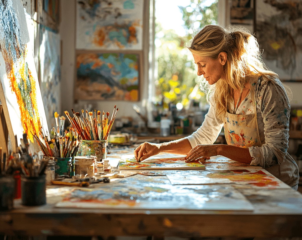 A woman works with acrylic colours on a canvas