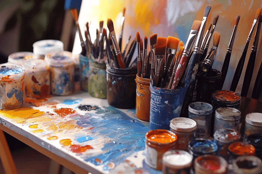 Acrylic paints, brush and canvas