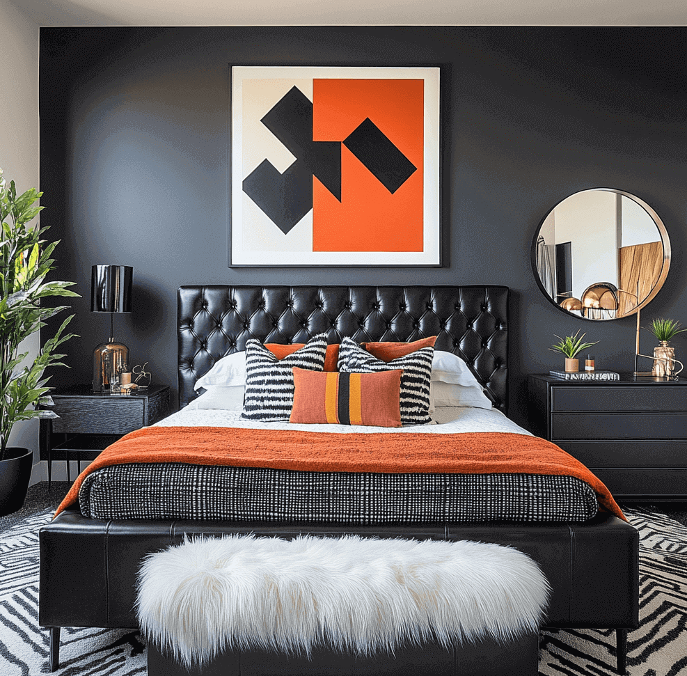 Stylish bedroom with black leather bed, orange accents, fur bench, abstract artwork, mirror and greenery.
