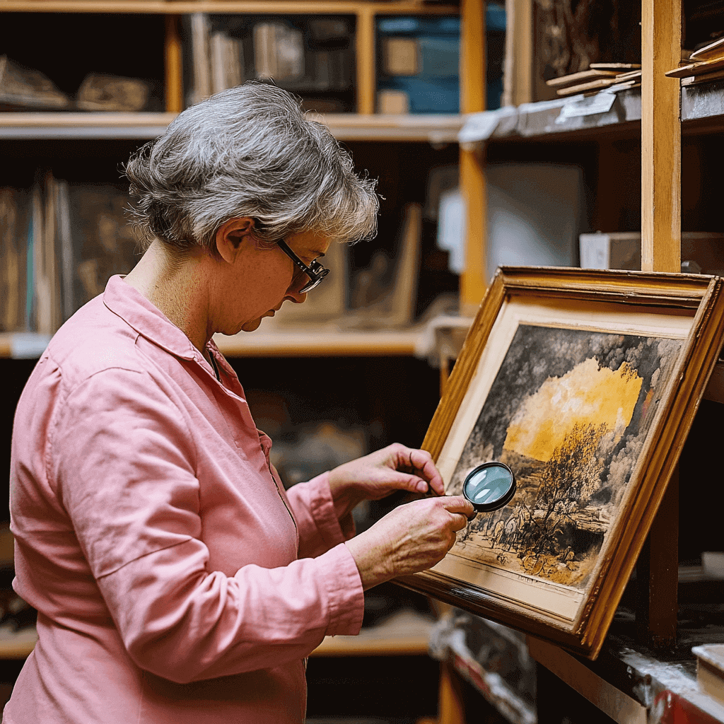 An art restorer in a pink shirt examines a framed painting with a magnifying glass, surrounded by shelves of restoration tools and accessories
