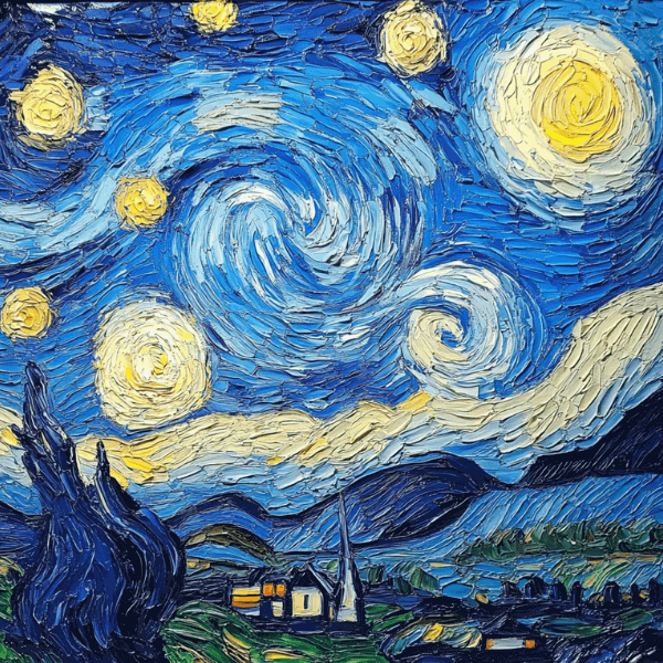 A vivid depiction of Van Gogh's ‘Starry Night’ with a swirling sky, shining stars and a peaceful village below