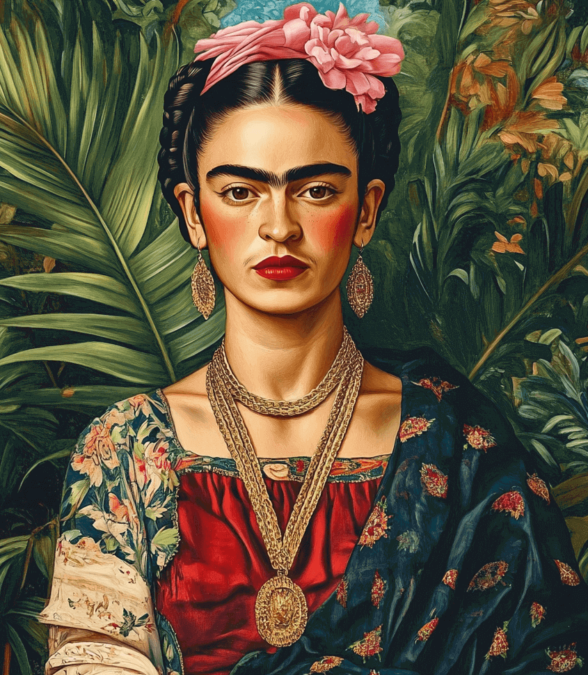 A vibrant portrait of a woman with braided hair, pink flowers, bold eyebrows, red lipstick, gold jewelry and a colorful outfit in front of lush tropical foliage