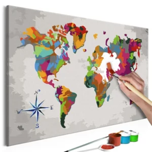 A colourful painting of a world map