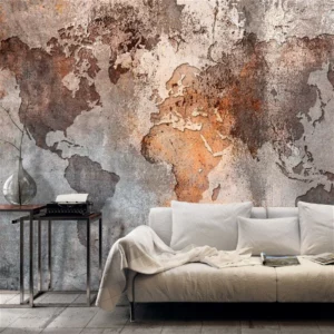 A world map wallpaper behind the couch