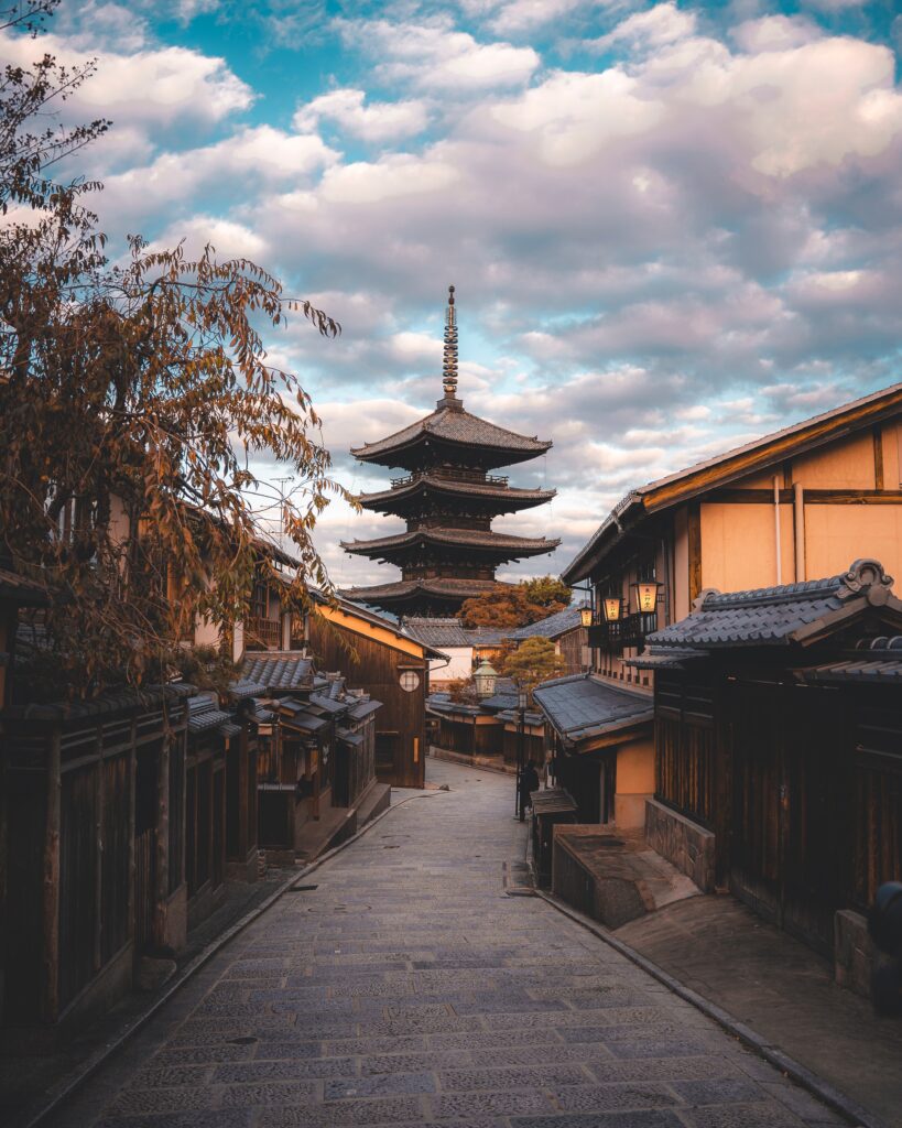 Japanese temple and house with wooden structures