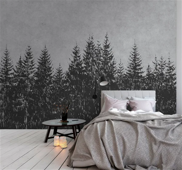 A forest wallpaper design in black and white
