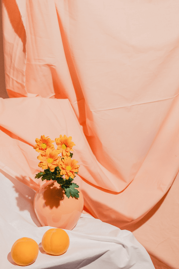 Peach Fuzz curtains with peach color vase and an orange