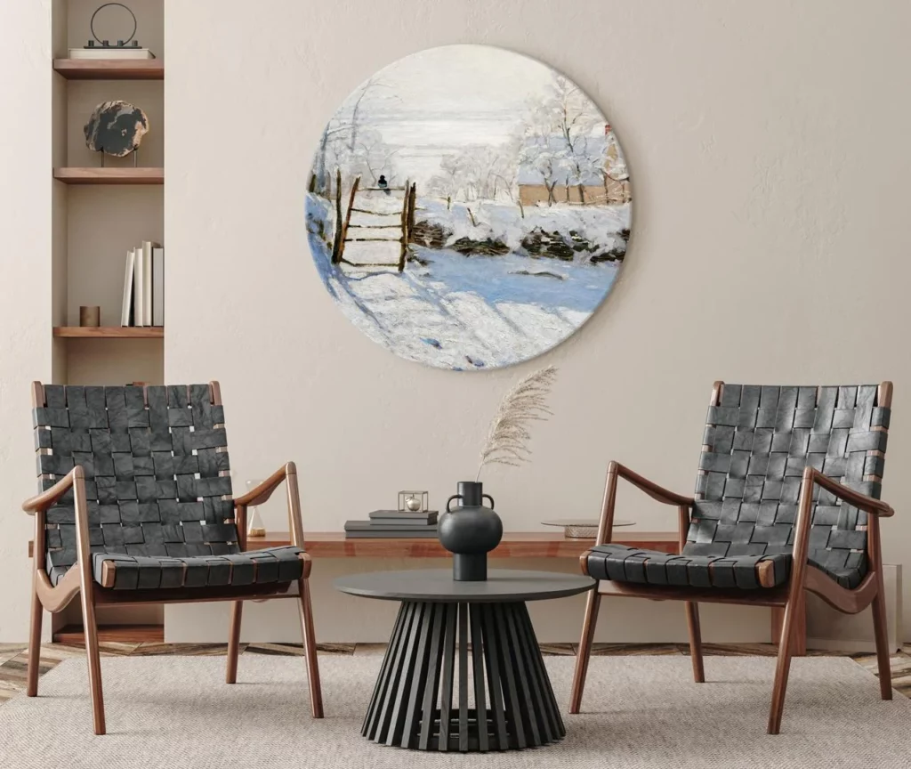 Rond schilderij 'Monet's Winter Magpie'