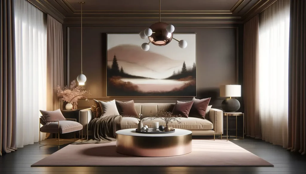 Woonkamerlandschap met romantisch kleurenpalet van donker chocoladebruin en roségoud