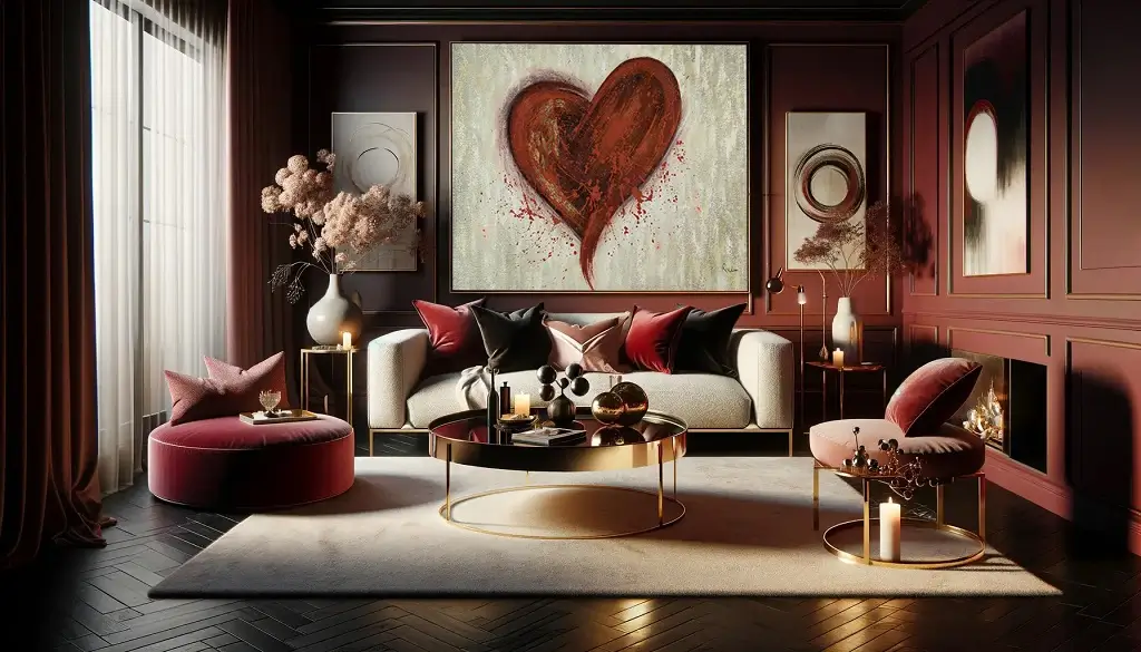 Woonkamer met romantisch kleurenpalet van karmozijnrood en champagne