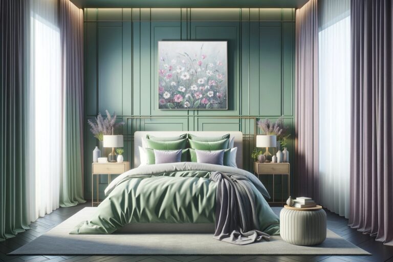 pastelkleurenpalet groen en lavendel voor de slaapkamer