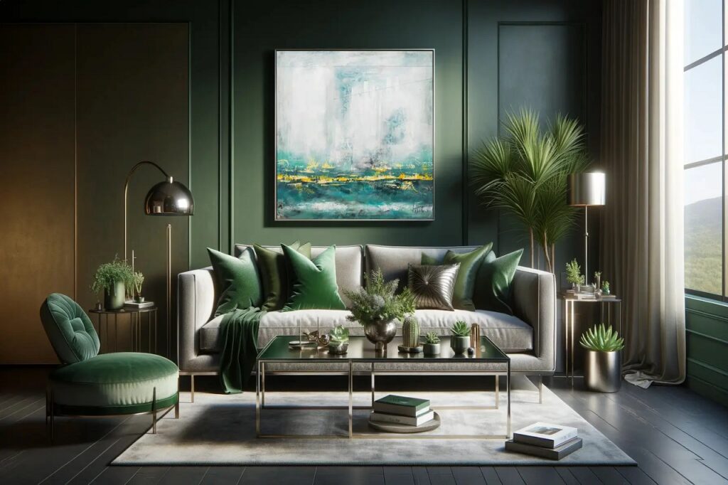 groen en metallic kleurenpalet voor een verfijnde woonkamer