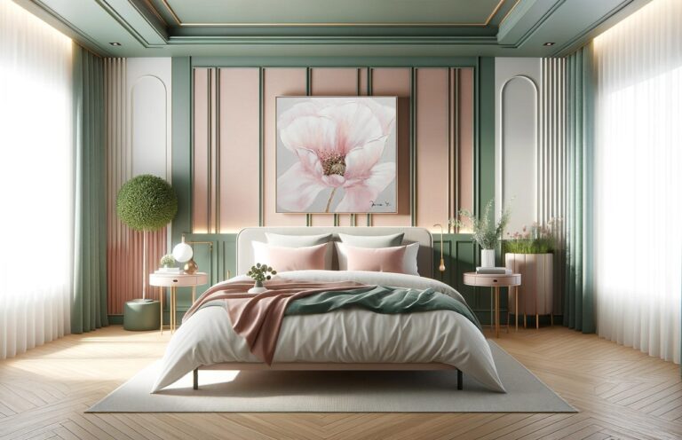 groen en roze blush kleurenpalet perfect voor de slaapkamer