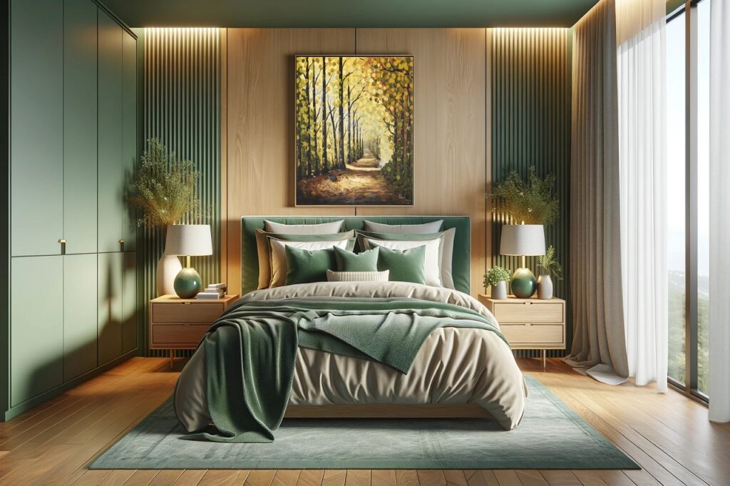 Kleurenpalet groen en houttinten voor de slaapkamer