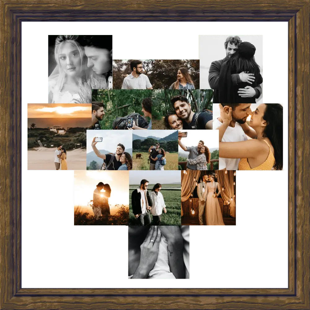handgemaakte hartvormige fotocollage van paarfoto's in een frame