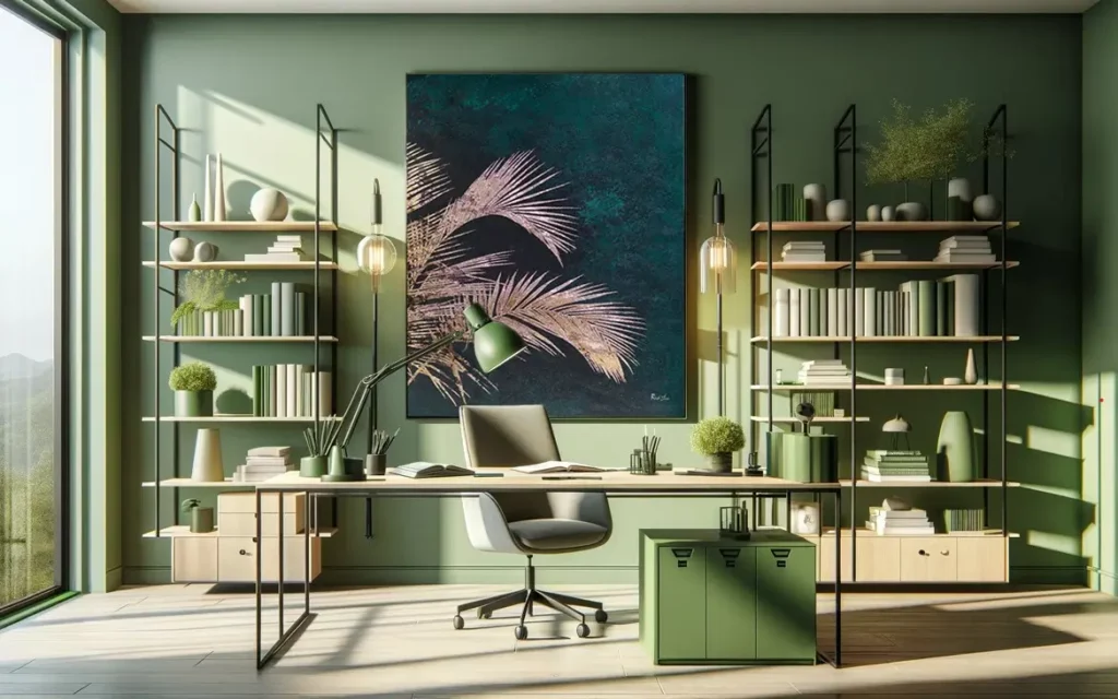 monochrome groentinten lentekleuren in een kantoorruimte