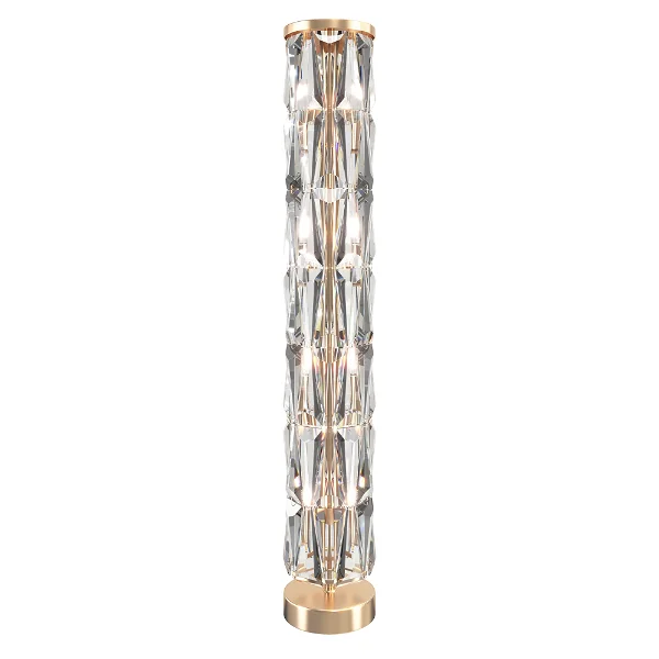 Elegante kristallen toren vloerlamp met gouden accenten, voor luxueuze interieurs met een witte achtergrond