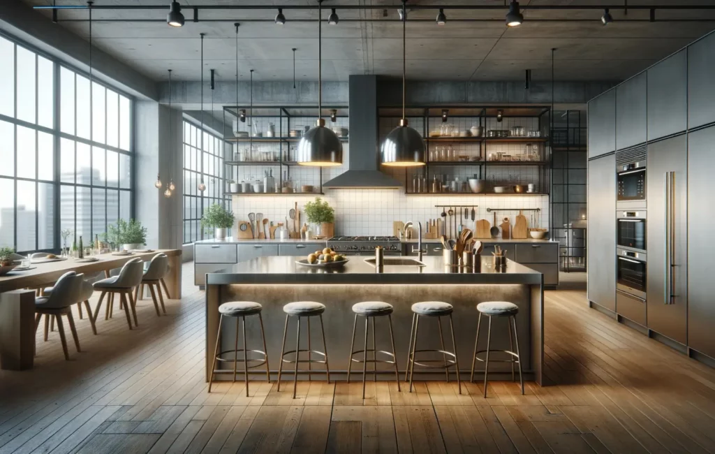 An industrial kitchen with stools and pendant lights in a grayish and metal-colored background
