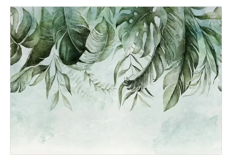 a wallpaper with hanging leaf design in green color