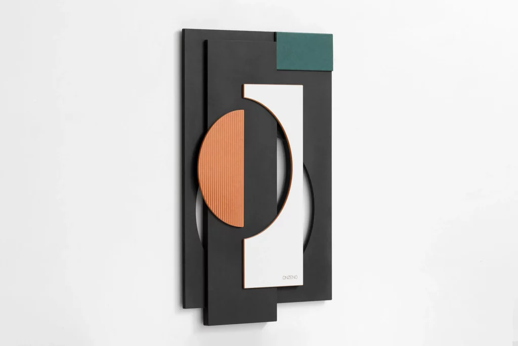 a 3d wood wall art in color white, orange and black