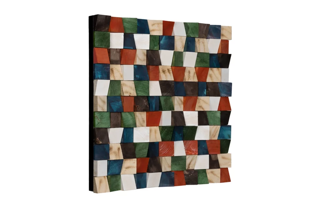 wood wall art in multicolored pattern