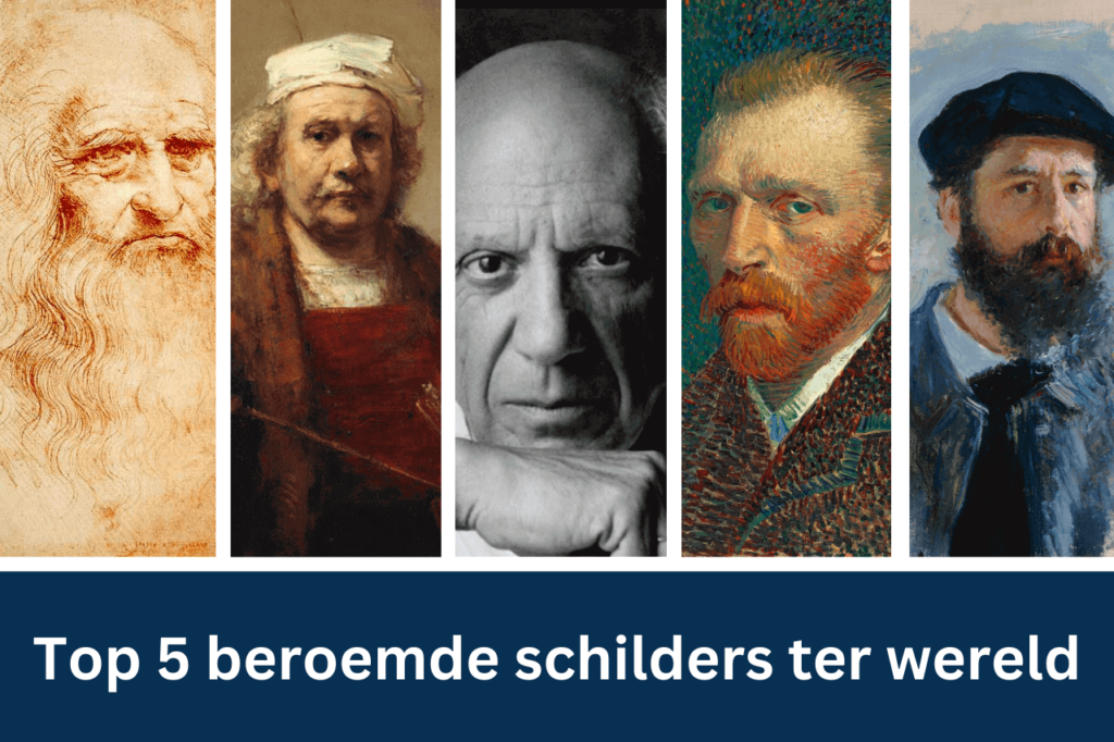 Educational collage featuring Leonardo da Vinci, Rembrandt, Picasso, Van Gogh, and Monet, titled 'Die 5 berühmtesten Maler der Welt' to highlight the masters of art.