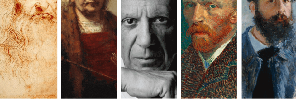 Educational collage featuring Leonardo da Vinci, Rembrandt, Picasso, Van Gogh, and Monet, titled 'Die 5 berühmtesten Maler der Welt' to highlight the masters of art.