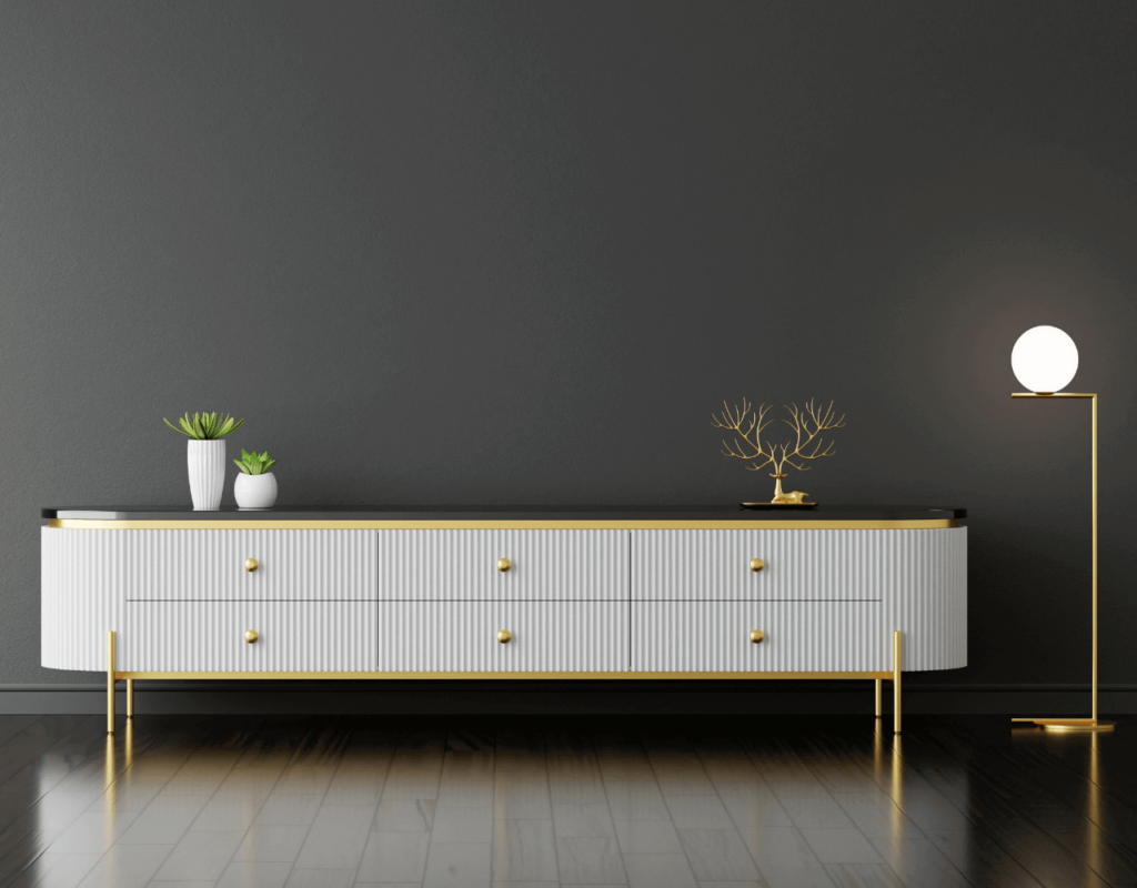 Een minimalistische vloerlamp met een lade met grijze achtergrond