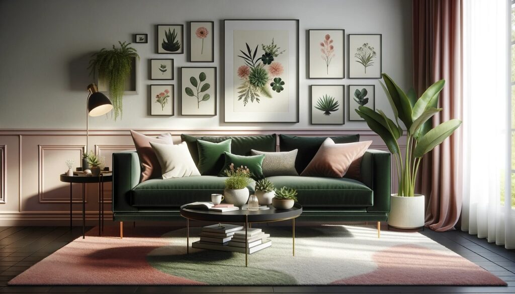 Stel je een levendige en stijlvolle woonkamer voor met een fotowandgalerij van botanische prints