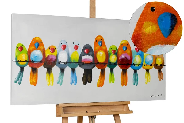 Colorful parrots in a row on a wire, vivid and whimsical in style.
