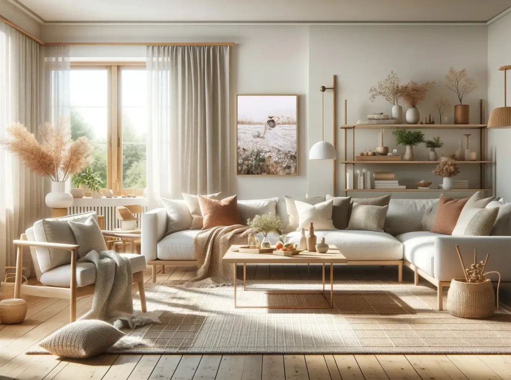 A Scandinavian-inspired living room with minimalist furniture, cosy textiles and touches of warm wood.