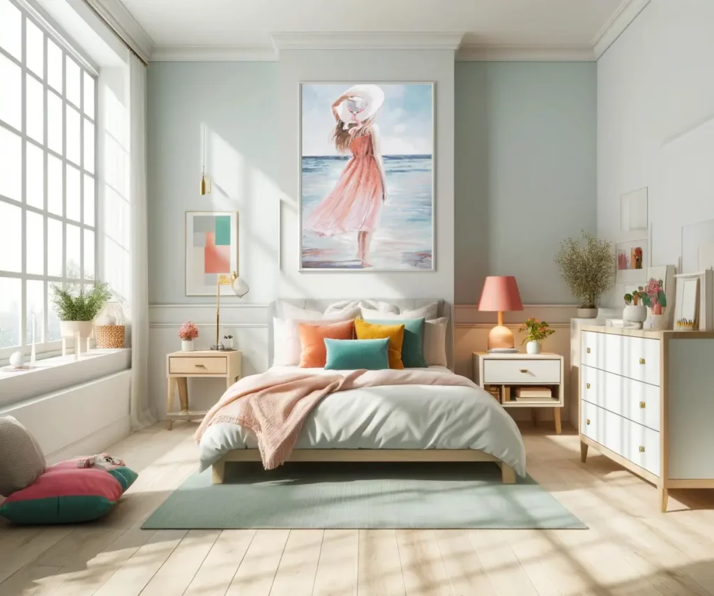A light and airy bedroom with a palette of soft pastels and touches of vibrant summer colours.