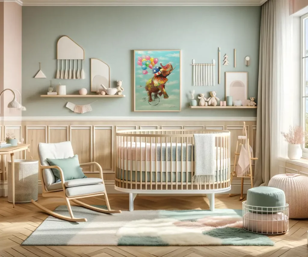 A chic nursery with a birch cradle and a palette of pastel summer colours.