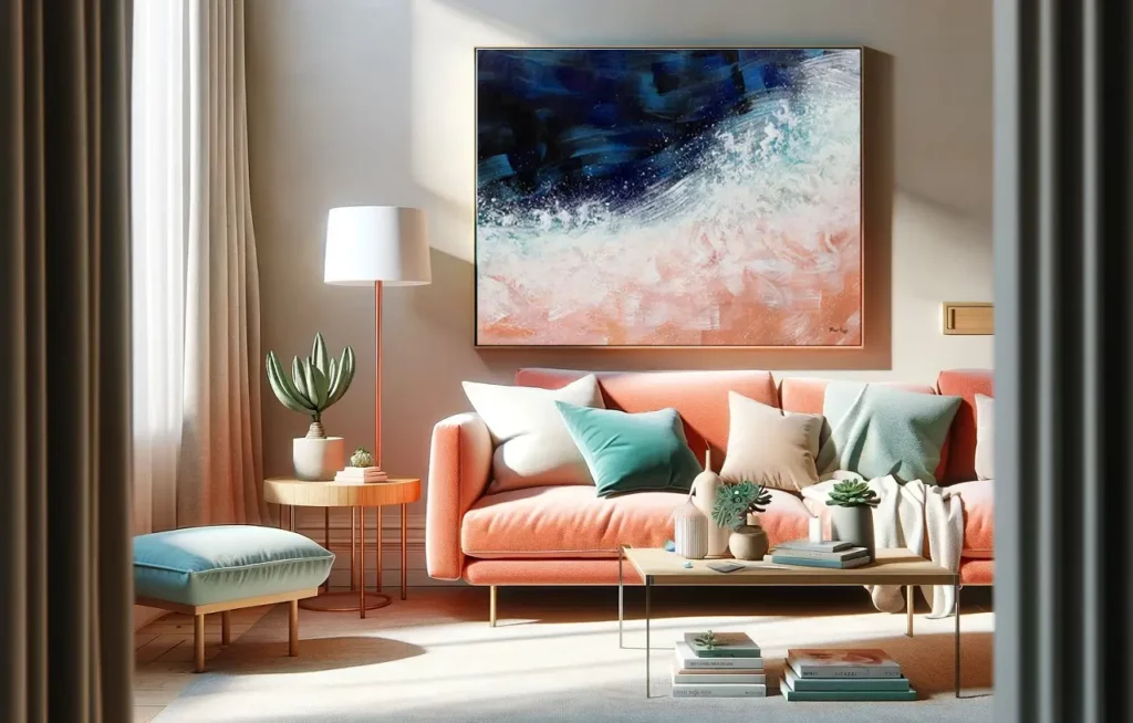 A photo realistic living scene in a timeless summer color palette of coral and turquoise tones