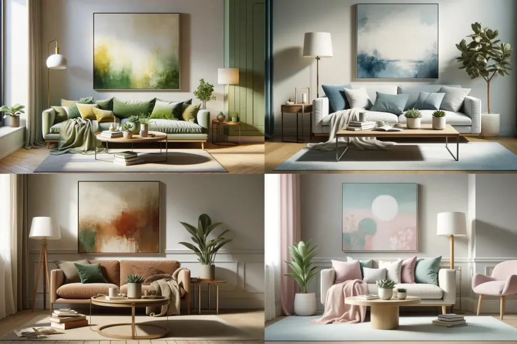 Four living areas, each with a different timeless summer color palette combination.