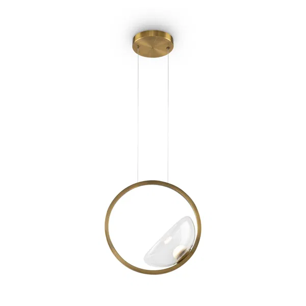 Modern gold-colored pendant light with round frame and glass bubble detail