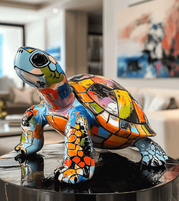 Colorful turtle sculpture on a reflective table in a modern living room