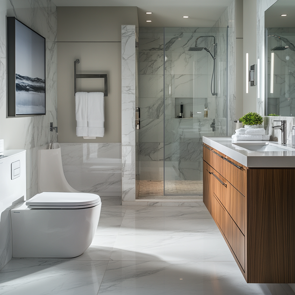 A bathroom with a washbasin with wooden accents