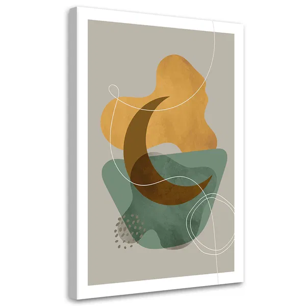 Abstract artwork featuring geometric shapes with a crescent moon in warm tones, creating a modern minimalist design.