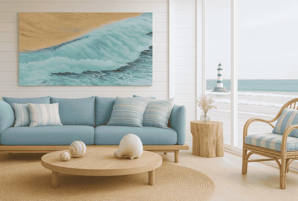 Beach house living room with a large ocean wave painting, pastel blue sofa, striped cushions, round wooden table, and a scenic window view of a lighthouse by the sea.