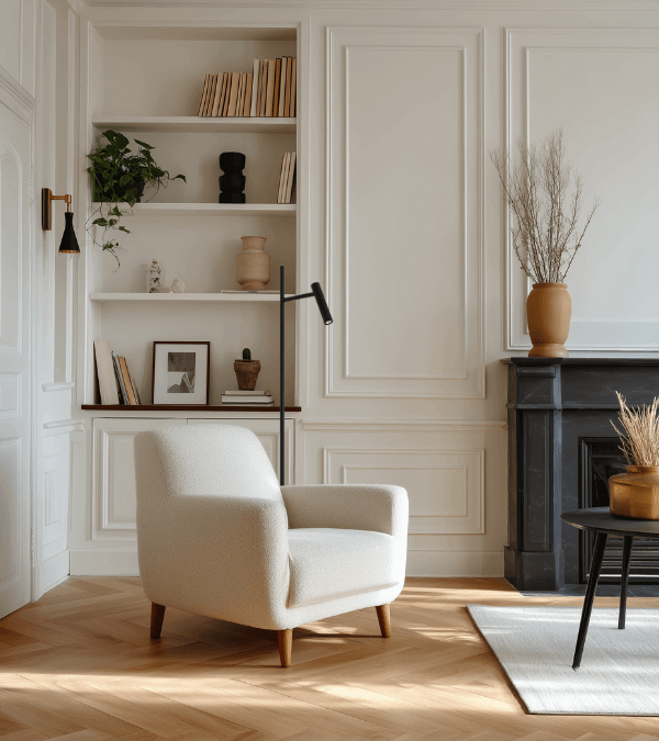 Cozy living room with modern floor lamp – elegant reading corner lighting