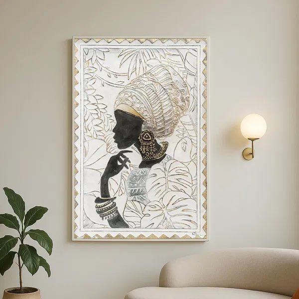 Decorative portrait of a woman in profile with gold accents, displayed in a neutral-toned room with a wall sconce and indoor plant.
