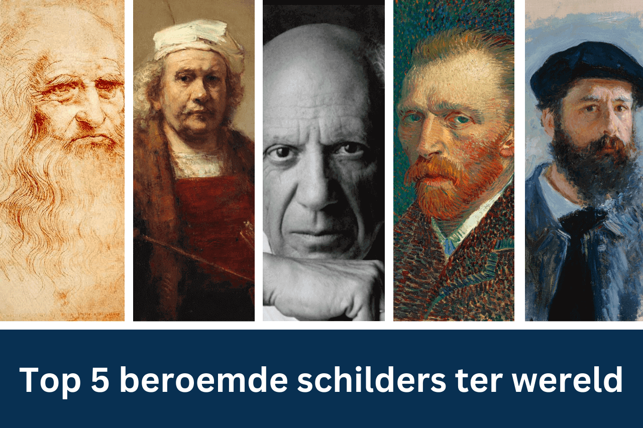 Educational collage featuring Leonardo da Vinci, Rembrandt, Picasso, Van Gogh, and Monet, titled 'Die 5 berühmtesten Maler der Welt' to highlight the masters of art.