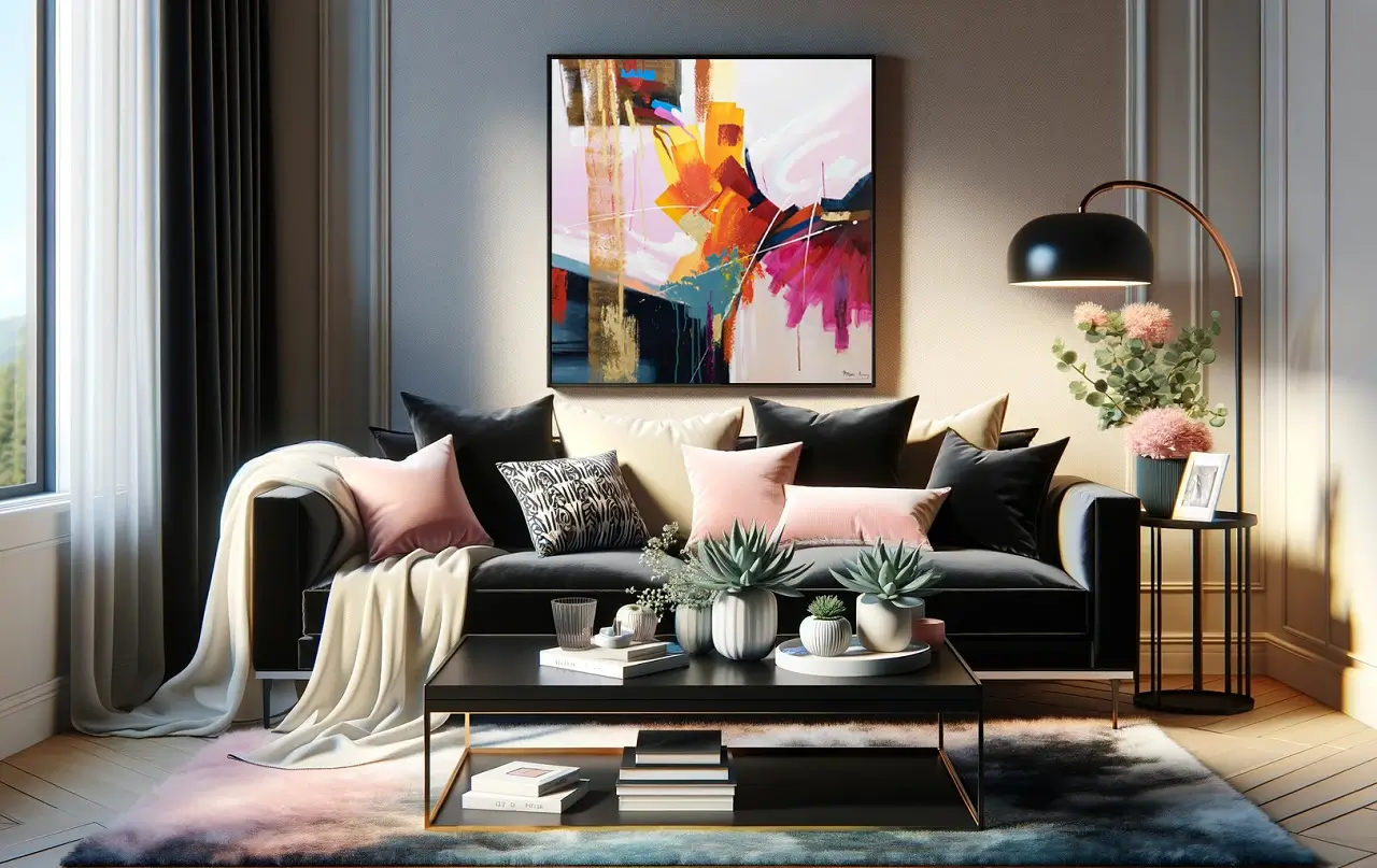 beeld van een stijlvolle en levendige woonkamer met zwarte bank salontafel planten en een 80x80 abstract schilderij 'Passie van Kleuren'